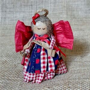 Vintage Handmade Peg Doll Figurine Rustic Angel In Plaid Apple Dress Primitive